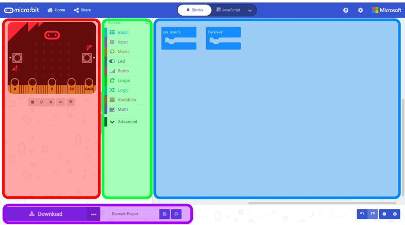 The MakeCode interface with each area colour-coded